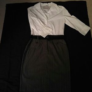 One piece white top and black pinstripe bottom
